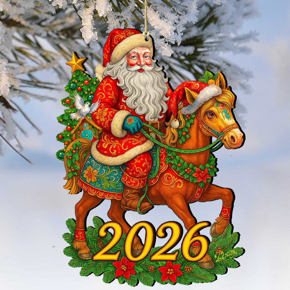 2026 Dated Santa on Horse Wooden Ornaments by G. Debrekht - Christmas Santa Snowman Decor - 8652841-D26