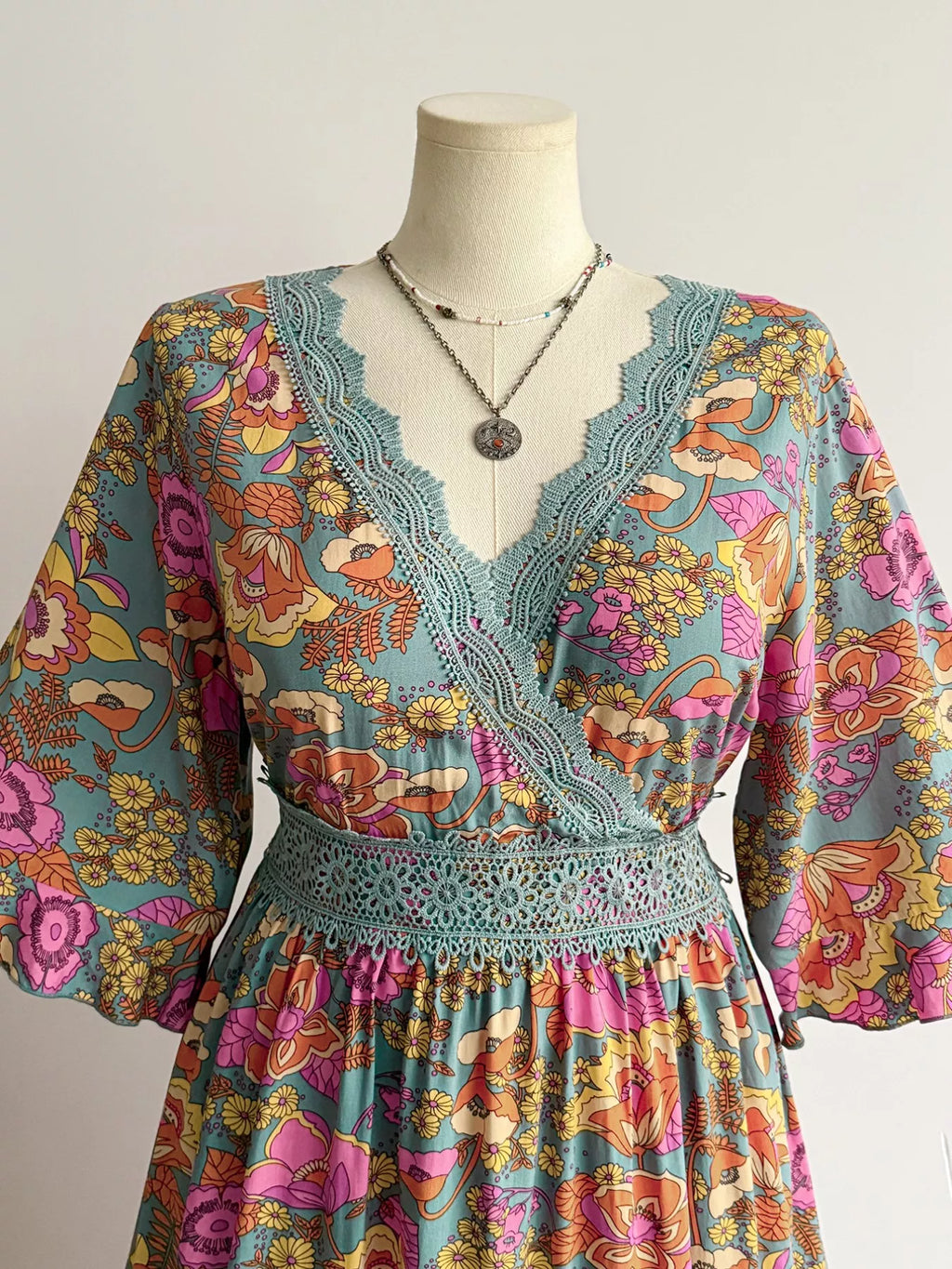 Lace Detail Floral Surplice Dress