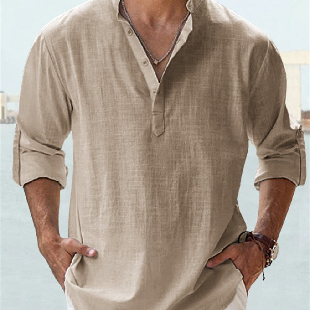 Men’s Loose Pullover Sports Shirt – Stand Collar Long Sleeve