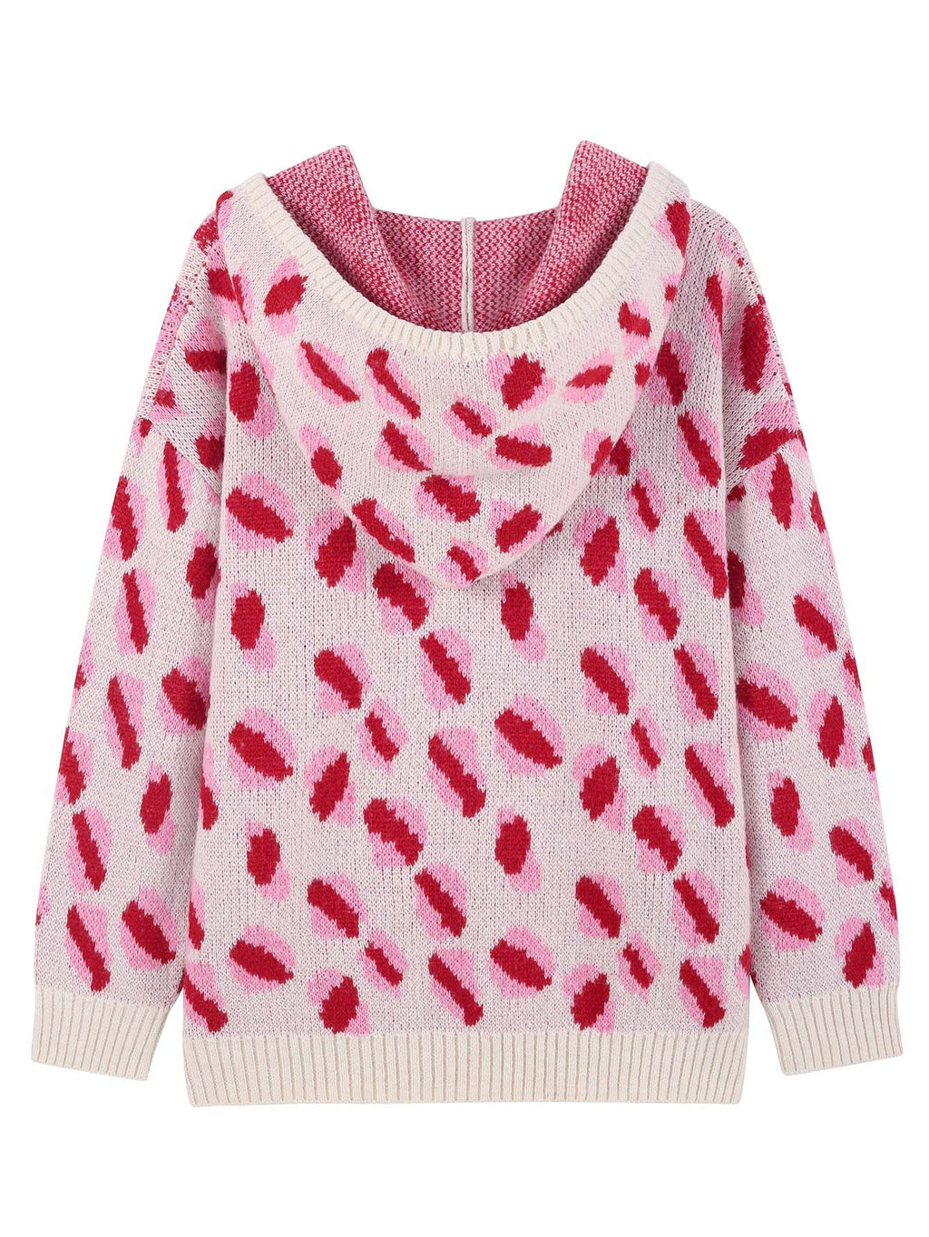 Women Casual Drop Shoulder Hooded Knit Top Pink Leopard Pattern Wool Blend Sweater