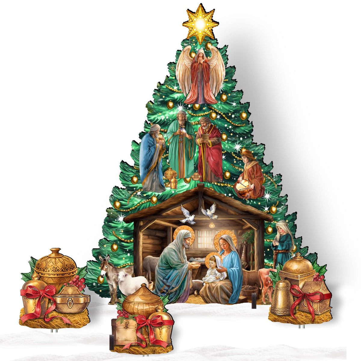 Nativity-Themed Christmas Tree Set Outdoor Indoor Décor Wooden Christmas Decoration by G. Debrekht Christmas Décor - 8191503-3F-G
