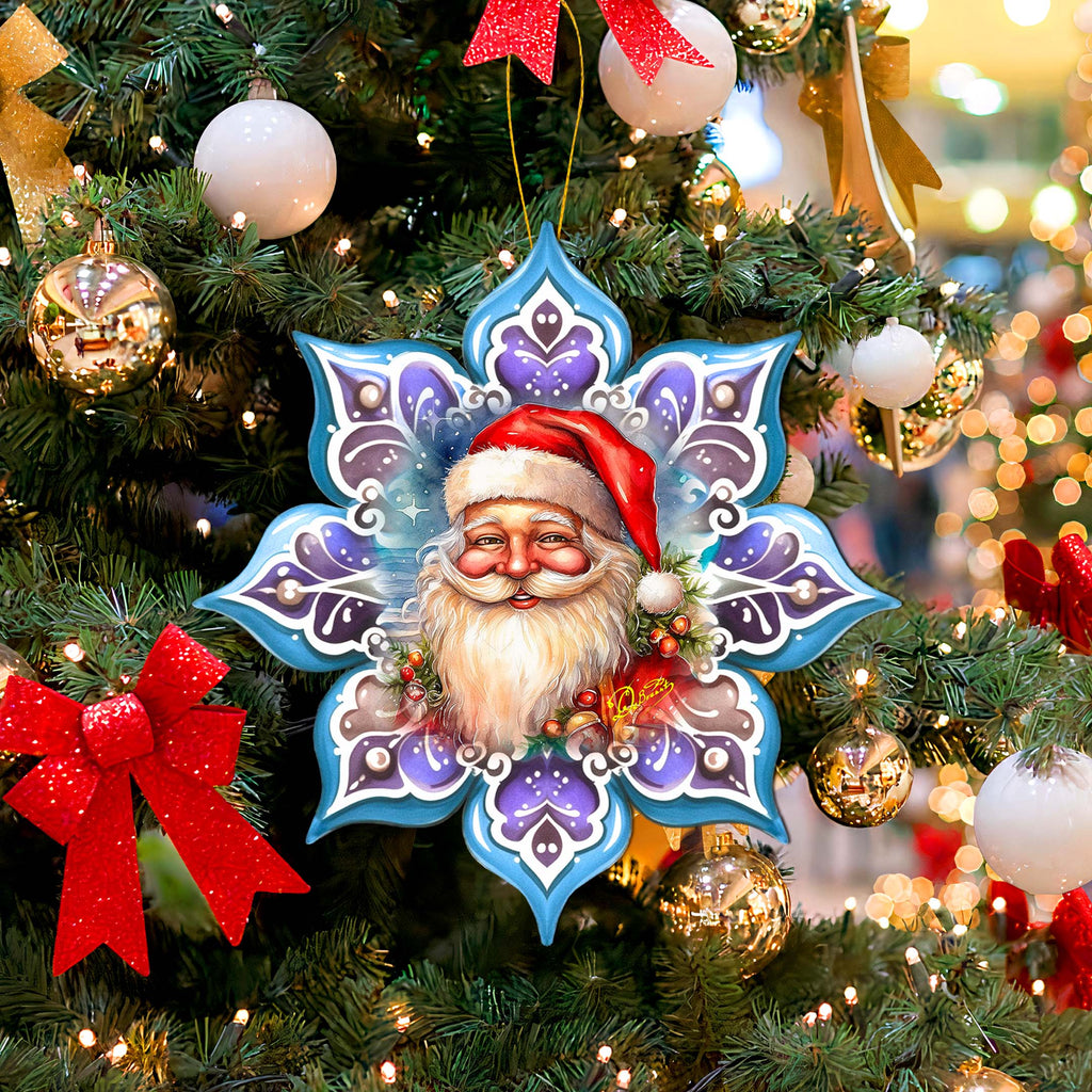 Smiling Santa Snowflake Large Wooden Ornament by G. Debrekht - Christmas Santa Snowman Decor - 8688423M