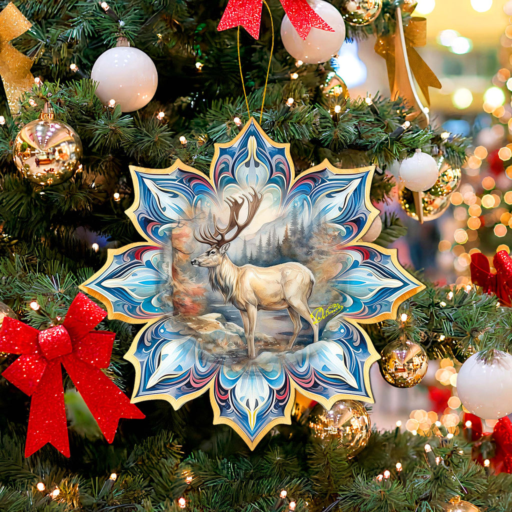 Reindeer Snowflake Large Wooden Ornament by G. Debrekht - Nature Wildlife Decor - 8688415M