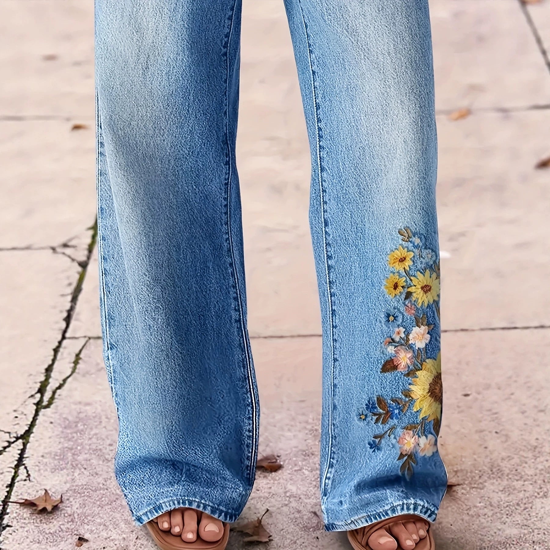 Floral-Embroidered Draped Wide-Leg Washed Denim Casual Trousers