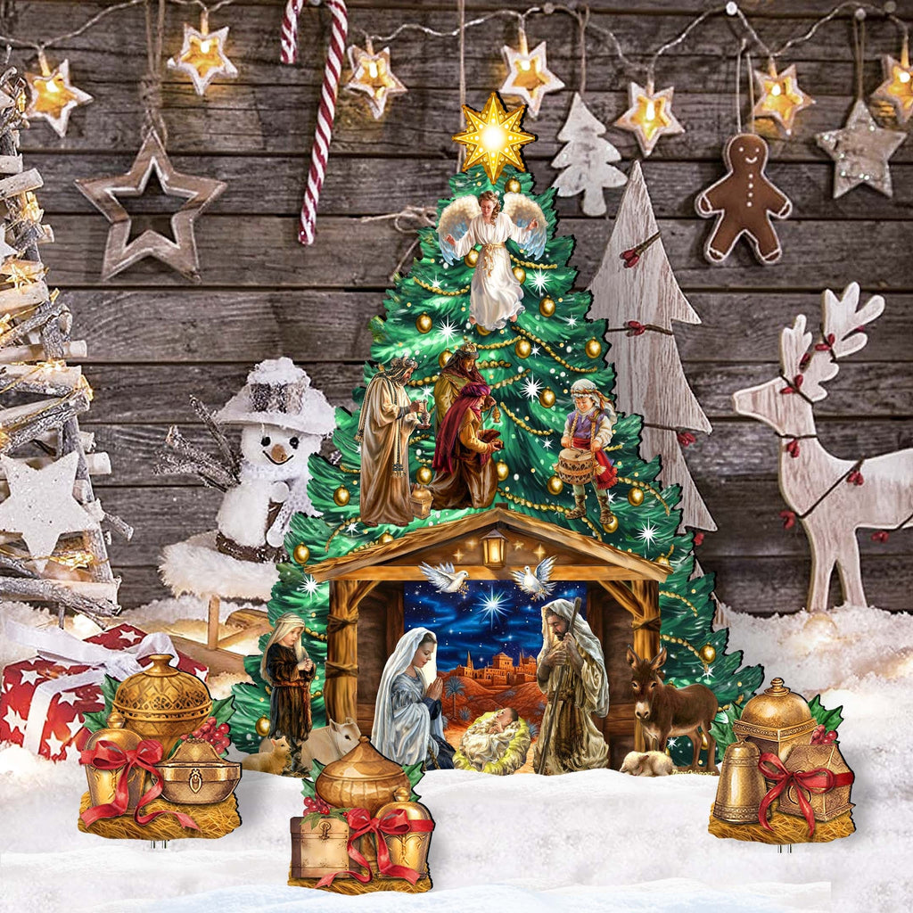 Nativity-Themed Christmas Tree Set Outdoor Indoor Decor Wooden Christmas Decoration by D. Gelsinger Christmas Decor - 8191503F-DG-G