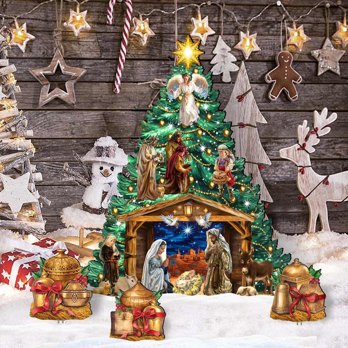 Nativity-Themed Christmas Tree Set Outdoor Indoor Decor Wooden Christmas Decoration by D. Gelsinger Christmas Decor - 8191503F-DG-G