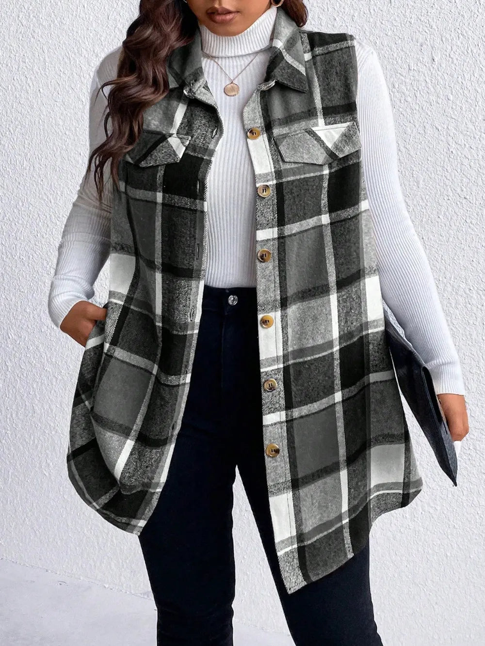 Pocketed Plaid Button Up Vest Coat