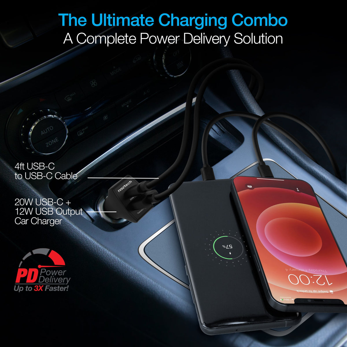 Naztech 20W USB-C PD+12W USB Car Charger