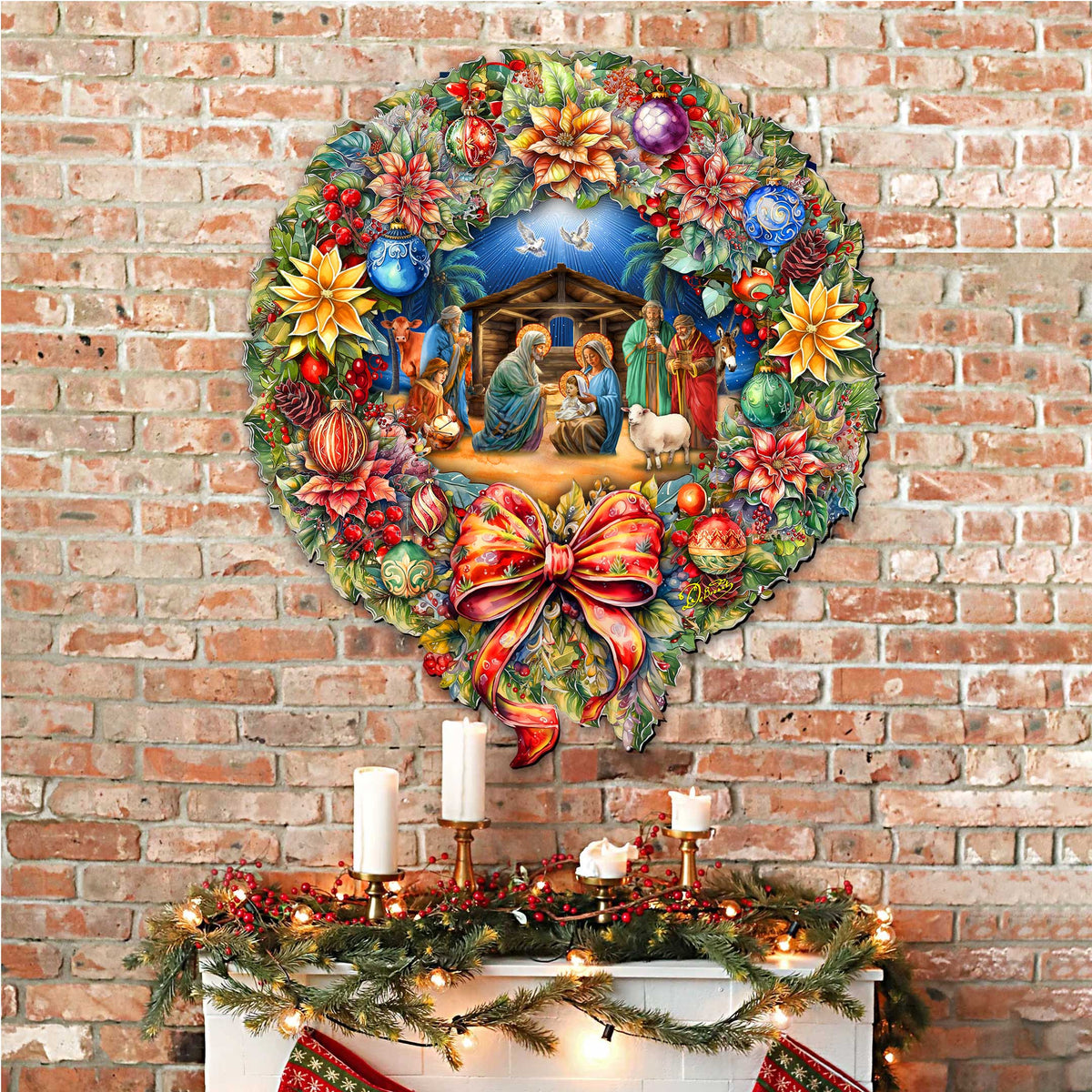 Nativity Wreath Outdoor Indoor Decor Wooden Christmas Decoration by G. Debrekht - Christmas Decor - 8652805F