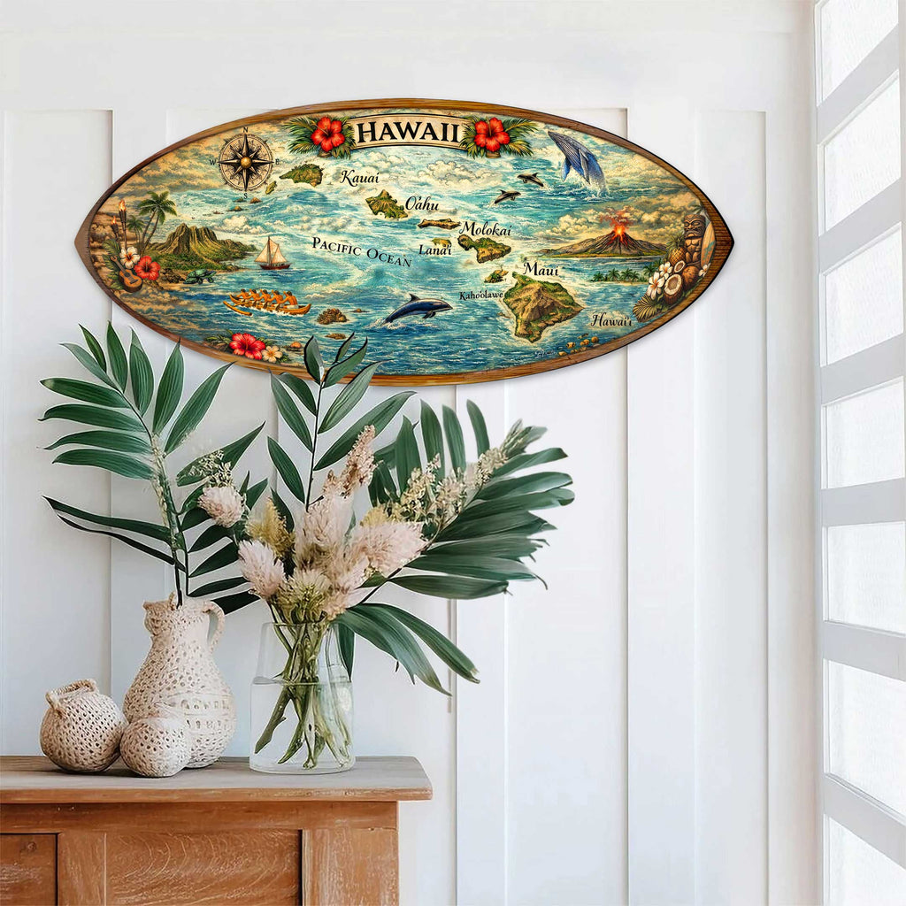 Hawaiian Islands Surfboard Wall Art – Handcrafted Coastal Wooden Decor by G.DeBrekht – Beach House Ocean Decor – 8490160HS