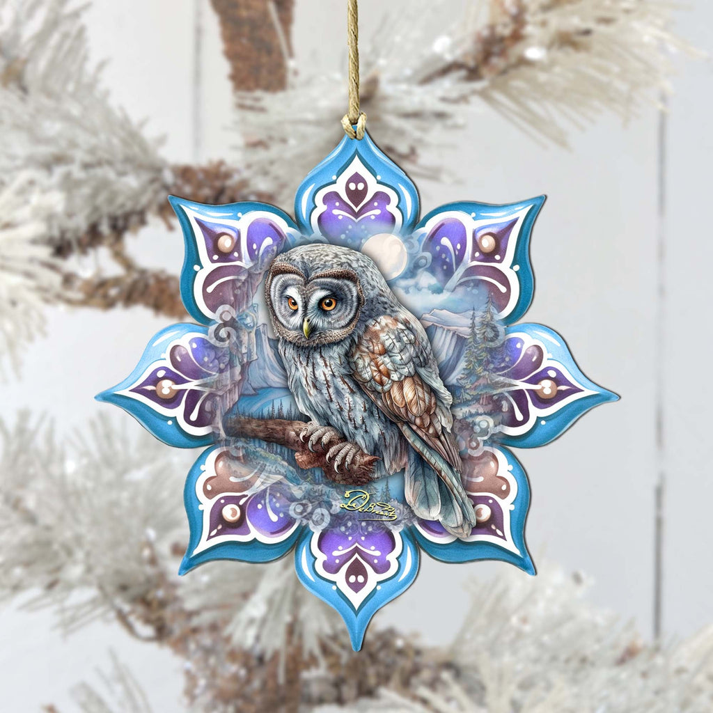 Arctic Owl Snowflake Large Wooden Ornament by G. Debrekht - Nature Wildlife Decor - 8688435M