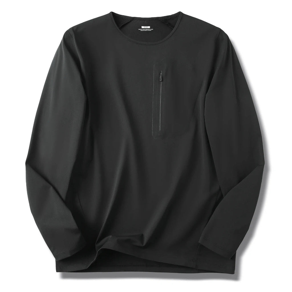 Men's Crew Neck Long Sleeve T-Shirt, Cotton Feel Moisture Wicking Quick Dry Athletic Shirts, Outdoor Hiking Tops With Seam Sealed Zipper Chest Pocket For Fall