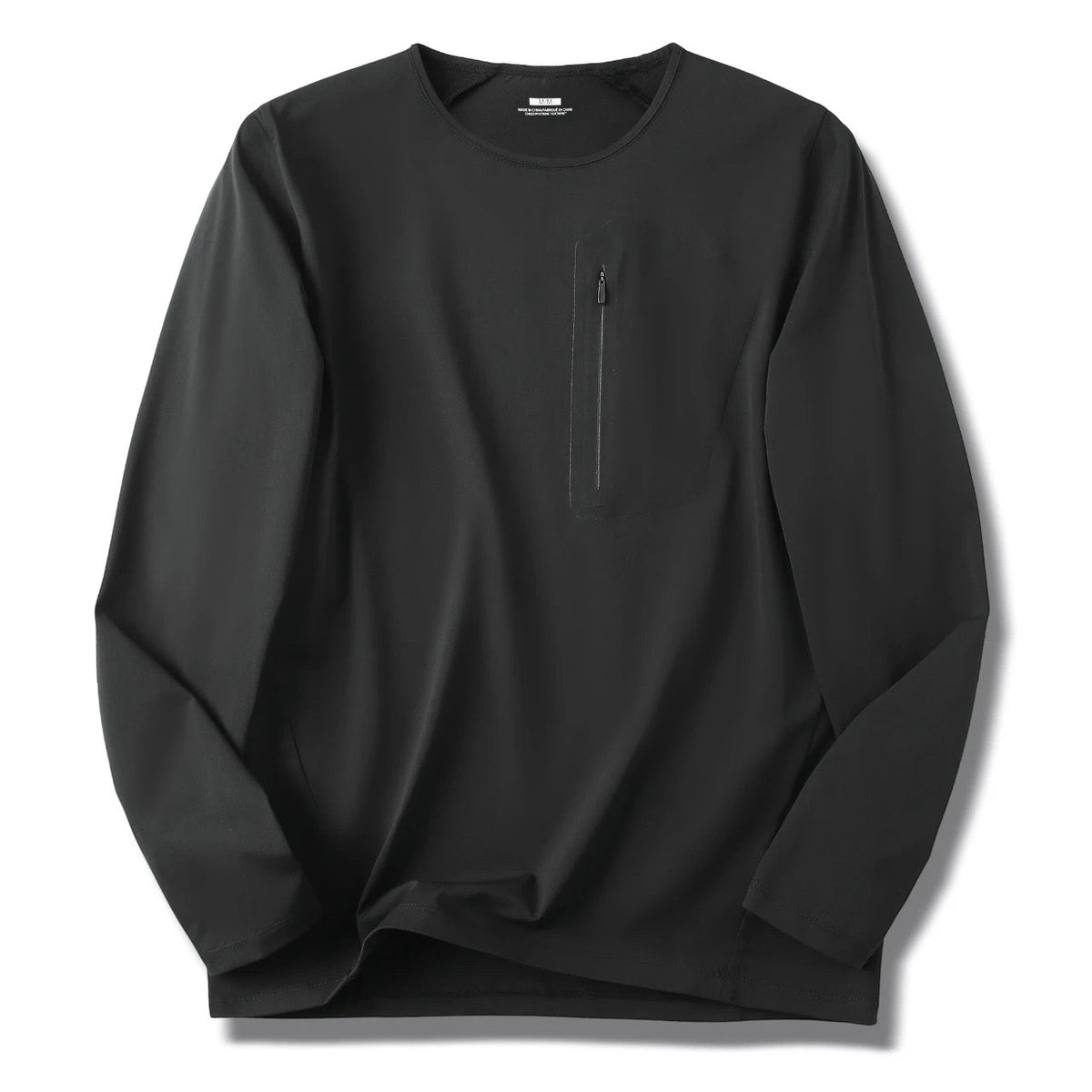 Men's Crew Neck Long Sleeve T-Shirt, Cotton Feel Moisture Wicking Quick Dry Athletic Shirts, Outdoor Hiking Tops With Seam Sealed Zipper Chest Pocket For Fall