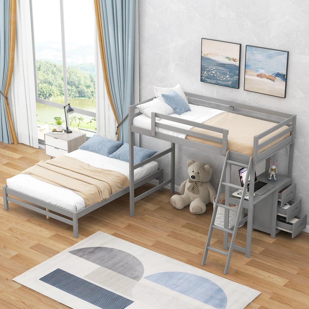Twin over Full Bunk Bed with Built-in Desk and Three Drawers Grey