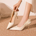 New French Style Women Shoes, Rhinestone Floral Pointed Toe Stiletto Heels, Slip On Bridal Wedding Pumps