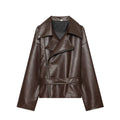 Elegant LapelneckLaceup Cropped Leather Jacket For Workwear