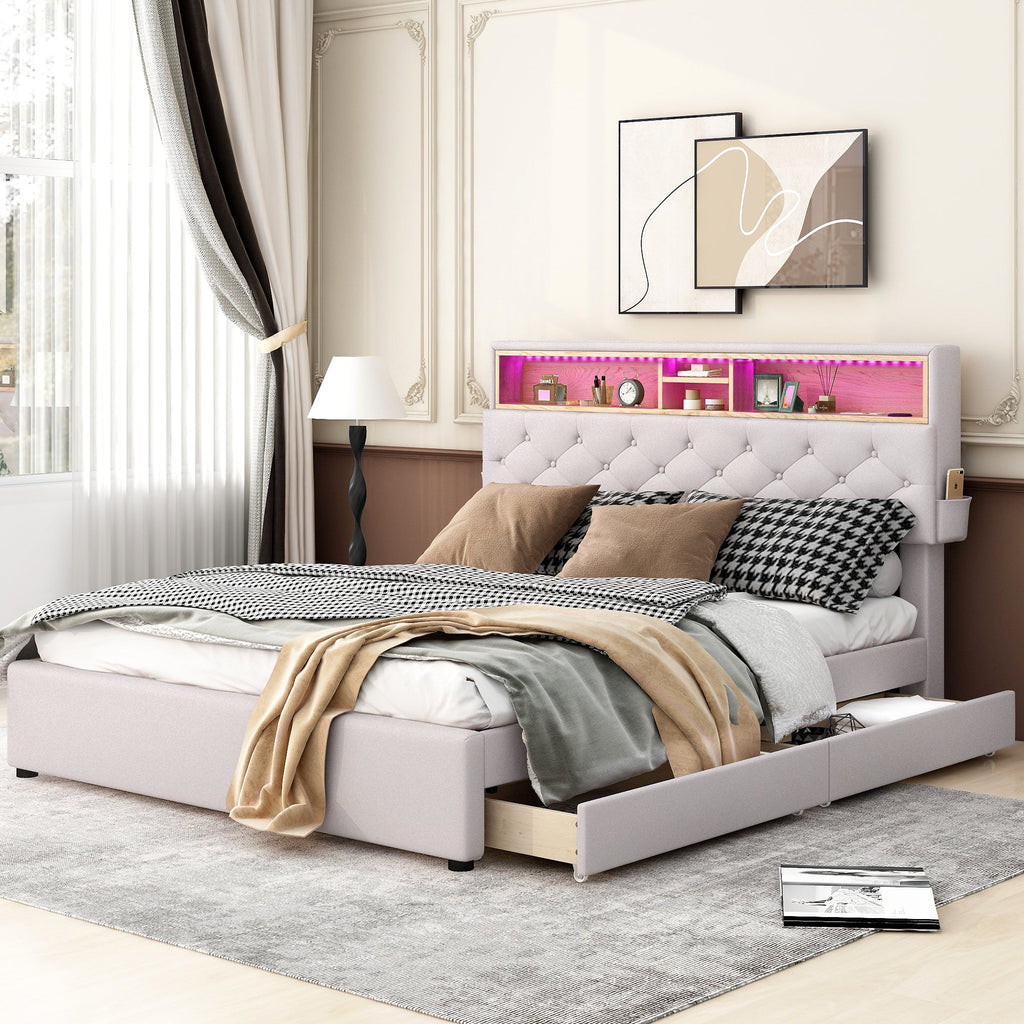 Queen Size Upholstered Platform Bed with Storage Headboard  LED  USB Charging and 2 Drawers  Beige