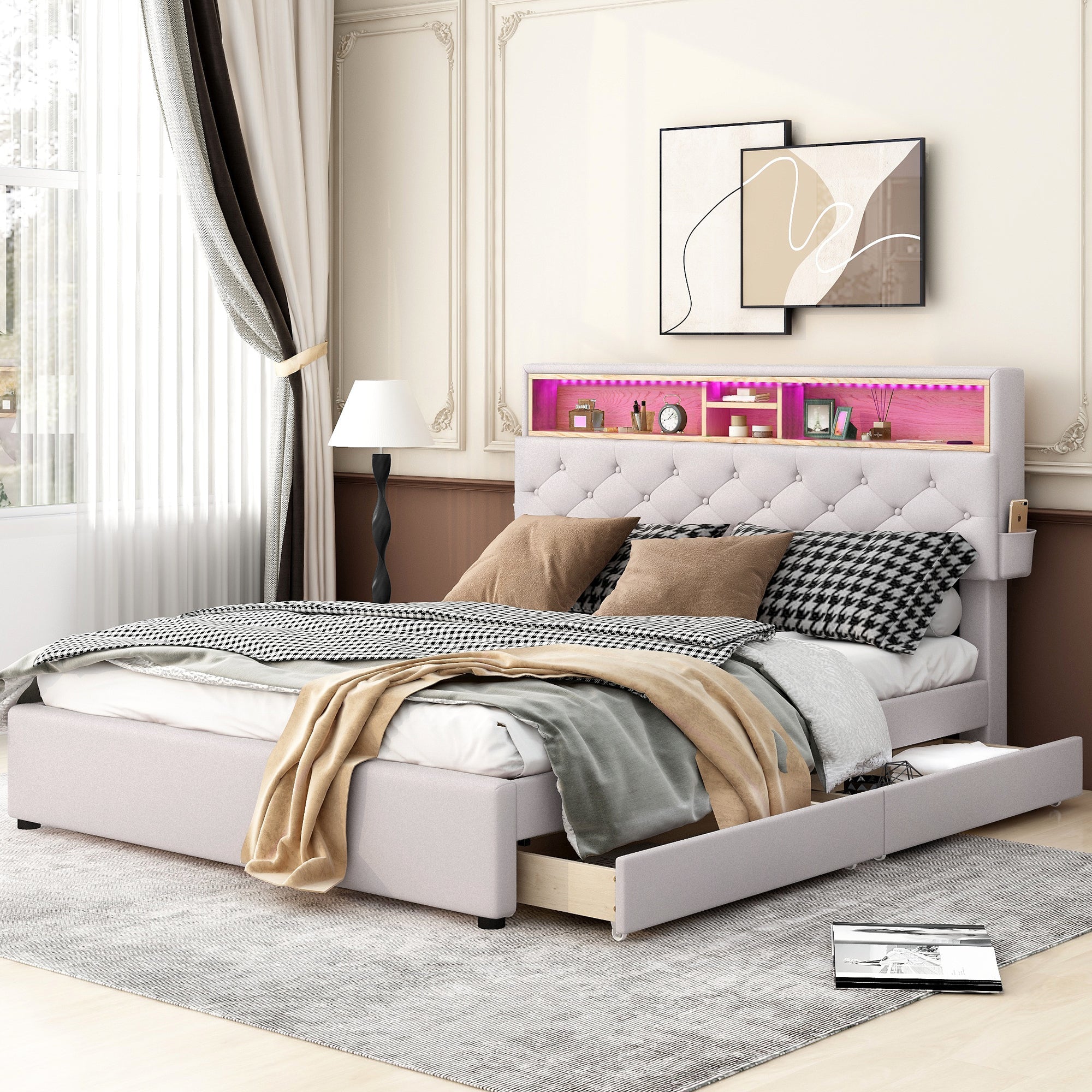 Queen Size Upholstered Platform Bed with Storage Headboard  LED  USB Charging and 2 Drawers  Beige