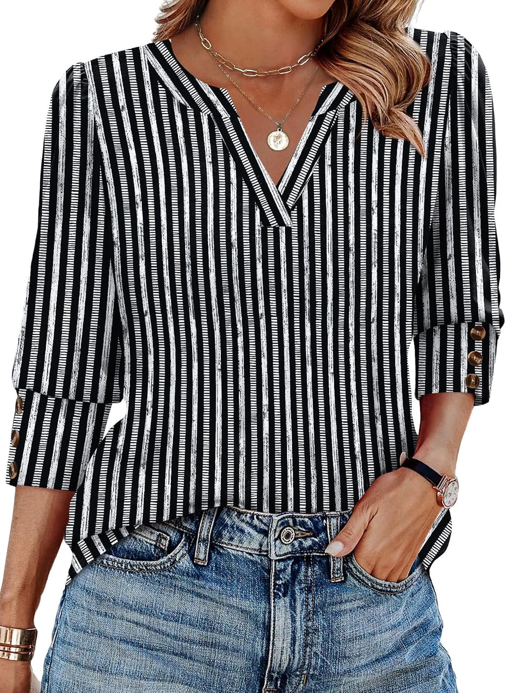WIHOLL 3/4 Length Sleeve Womens Tops with Button Cuffs Dressy Casual V Neck Summer Outfits Early Fall Fashion Spring Clothes