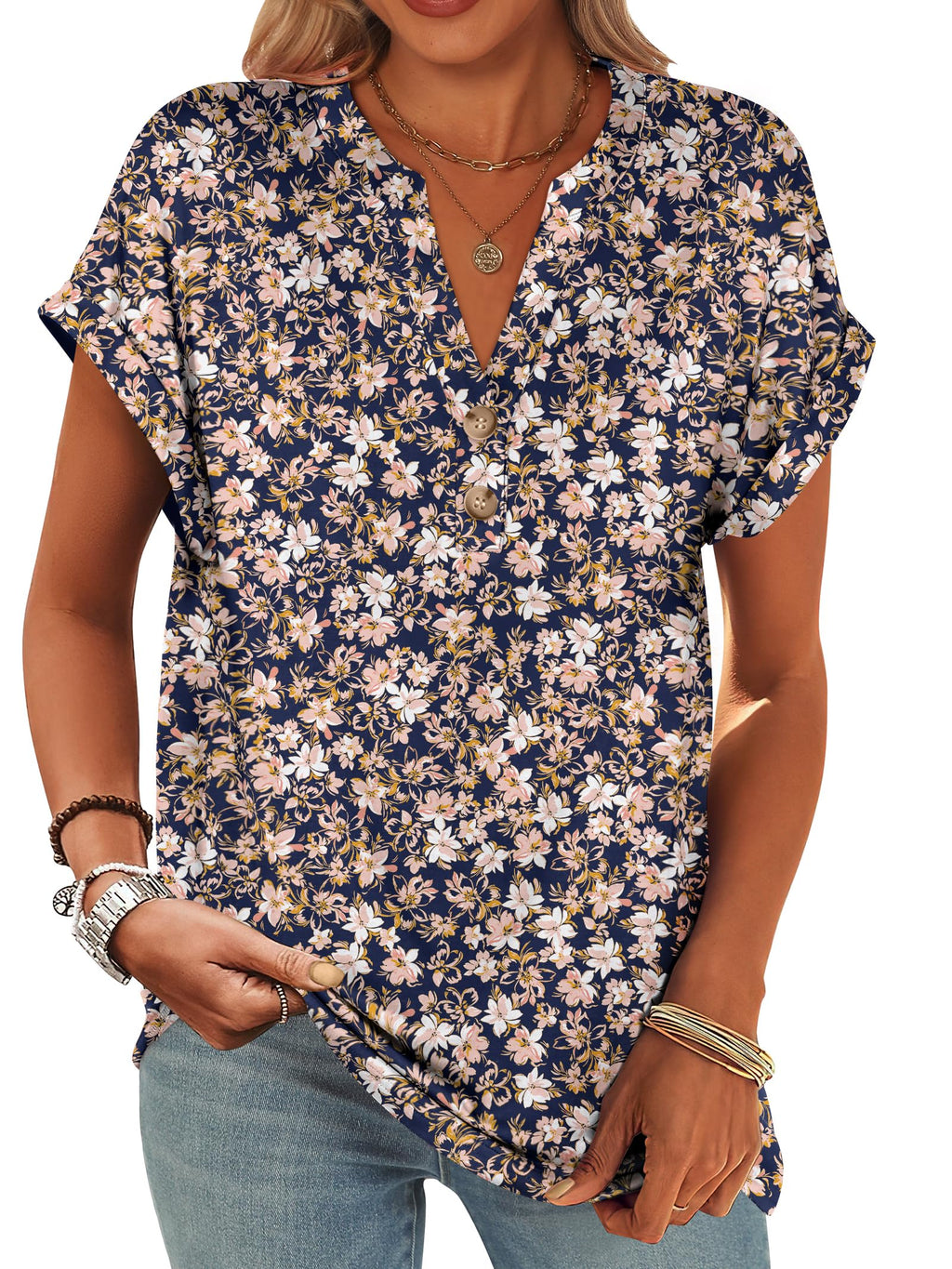 ANRABESS Womens Short Sleeve Henley Tops Summer Shirts Dressy Casual Blouse
