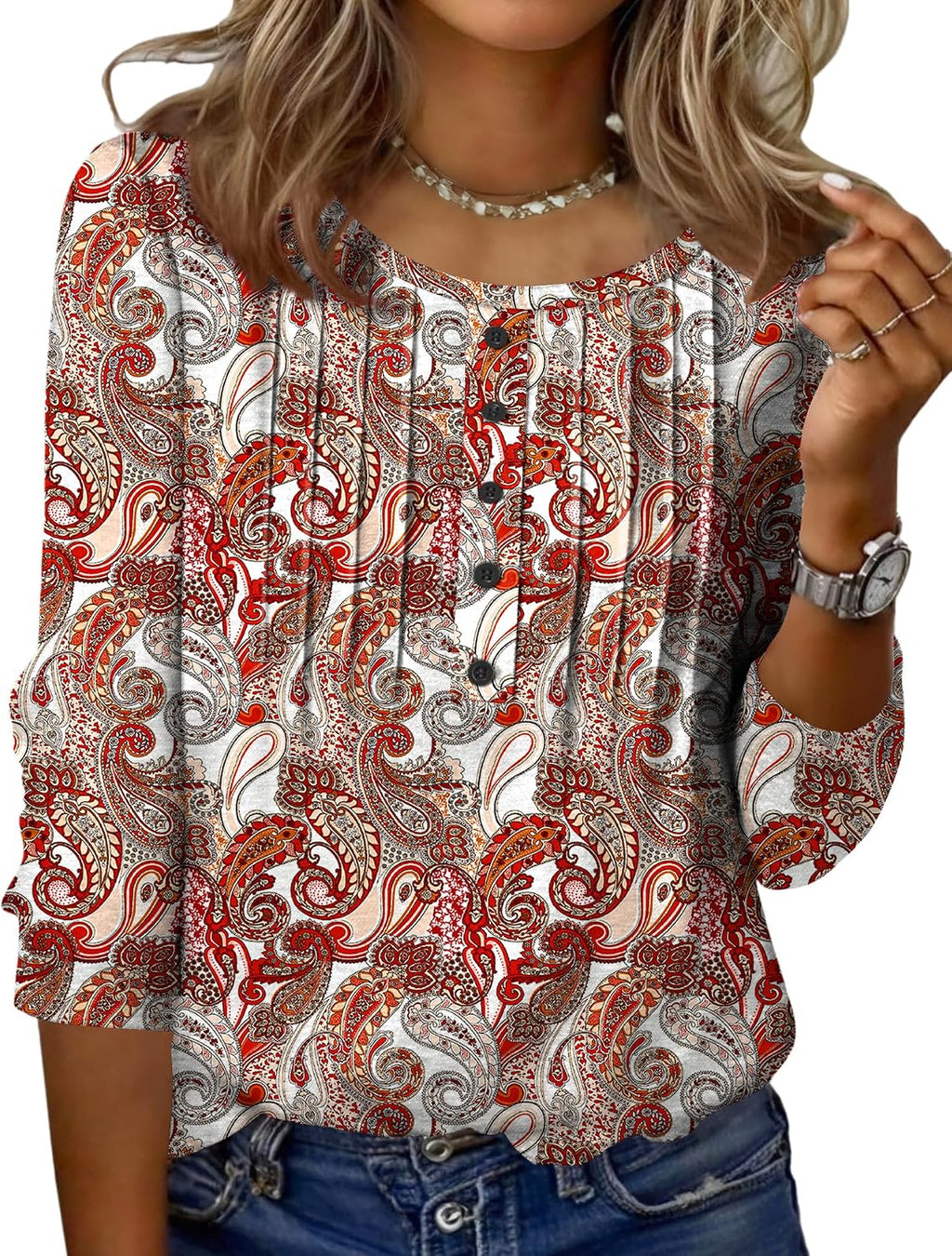 Zeagoo 3/4 Length Sleeve Womens Tops Round Neck Casual Summer Tunic Tops Basic Tees Blouses Dressy T-Shirts Pleated Shirts