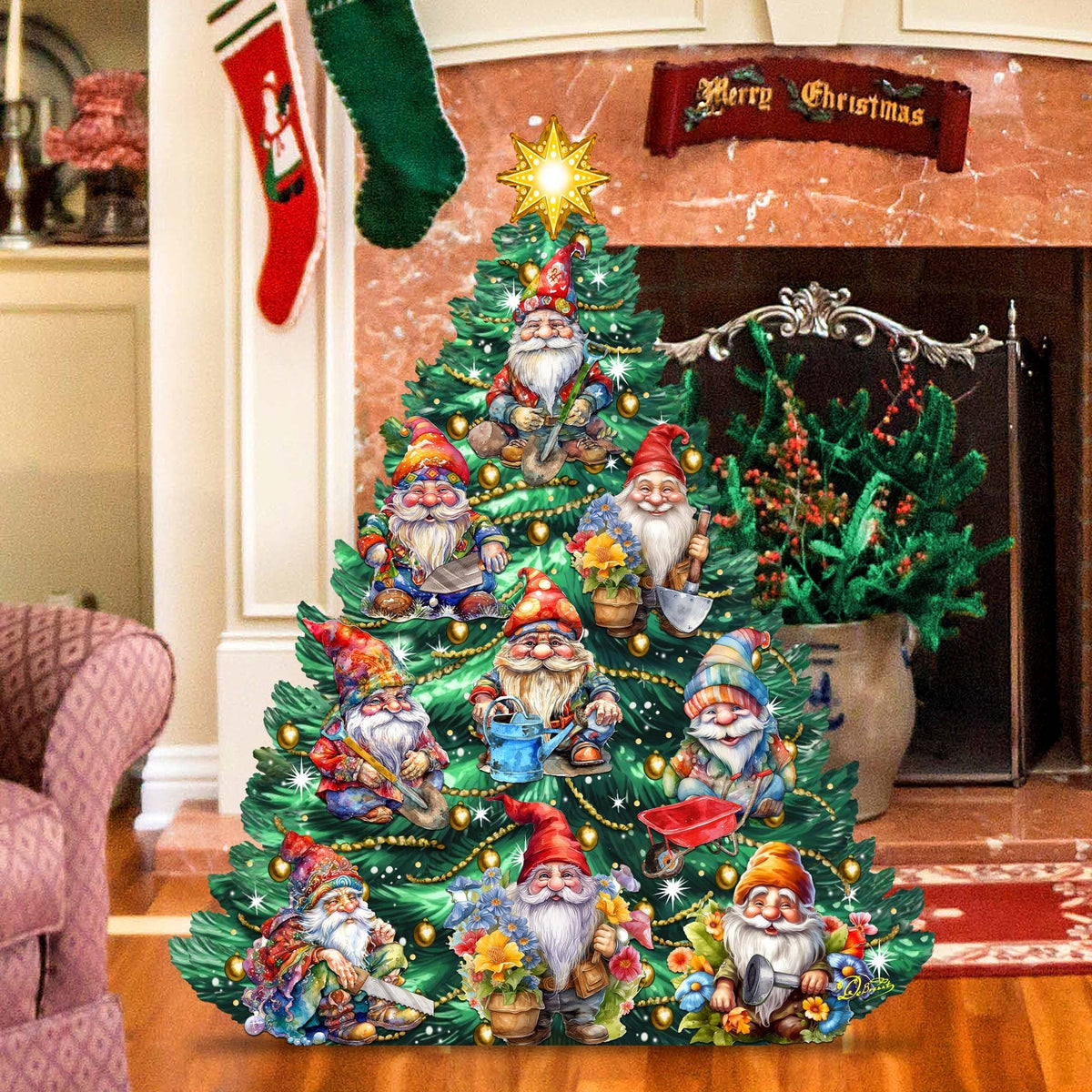 Gnomes-Themed Christmas Tree Outdoor Indoor Decor Wooden Christmas Decoration by G. Debrekht Christmas Decor - 8191512F