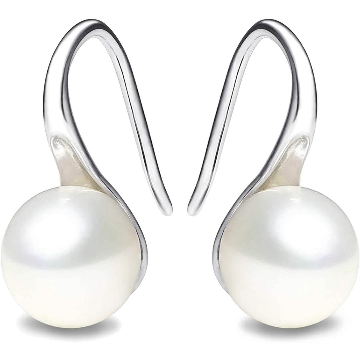 925 Sterling Silver 7.5-8mm White Freshwater Cultured Pearl Dangle Drop Earrings