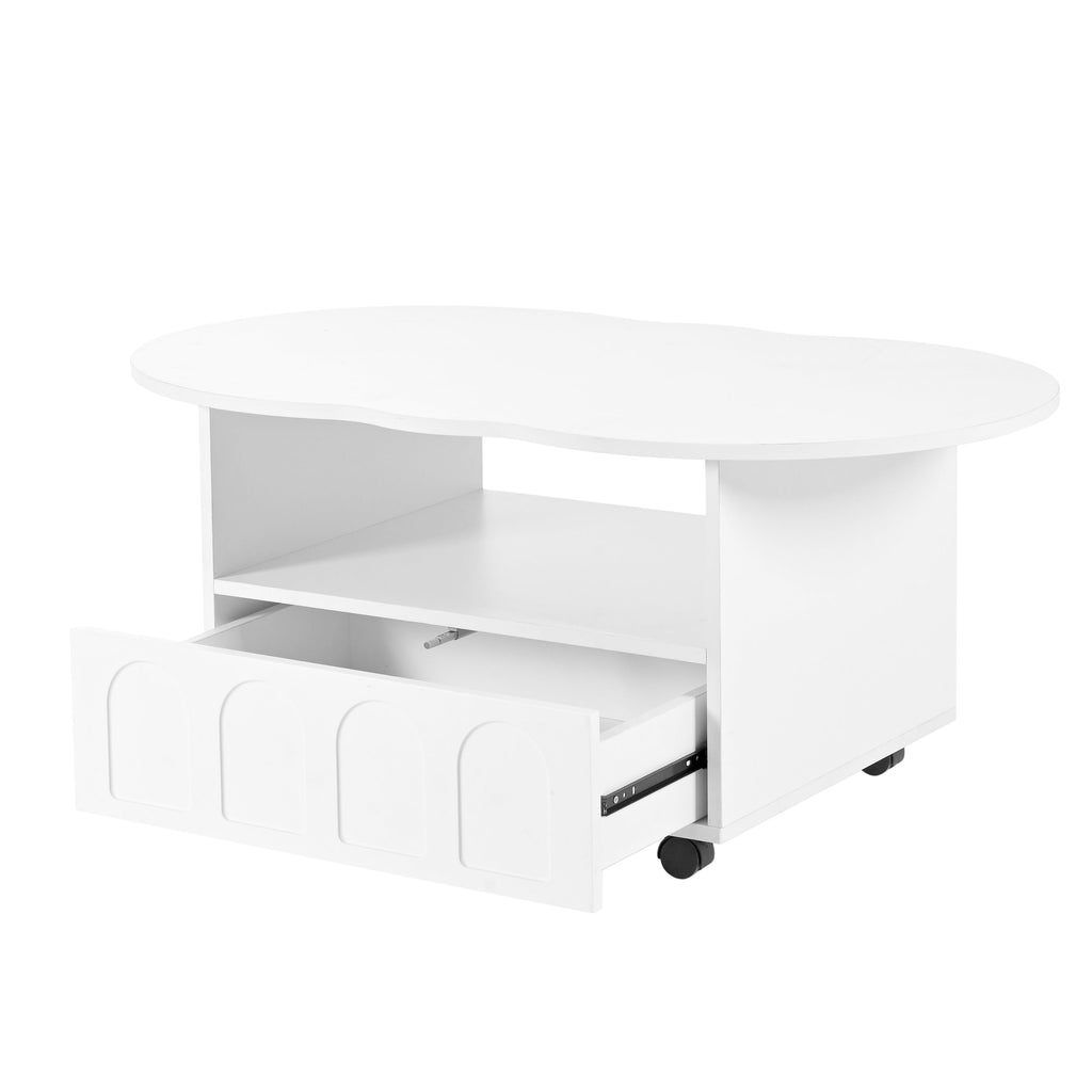 ON-TRANS flexible cream style coffee table with 2 brake wheels, drawers, large storage space, white, 39.37 '' x 23.6 ''