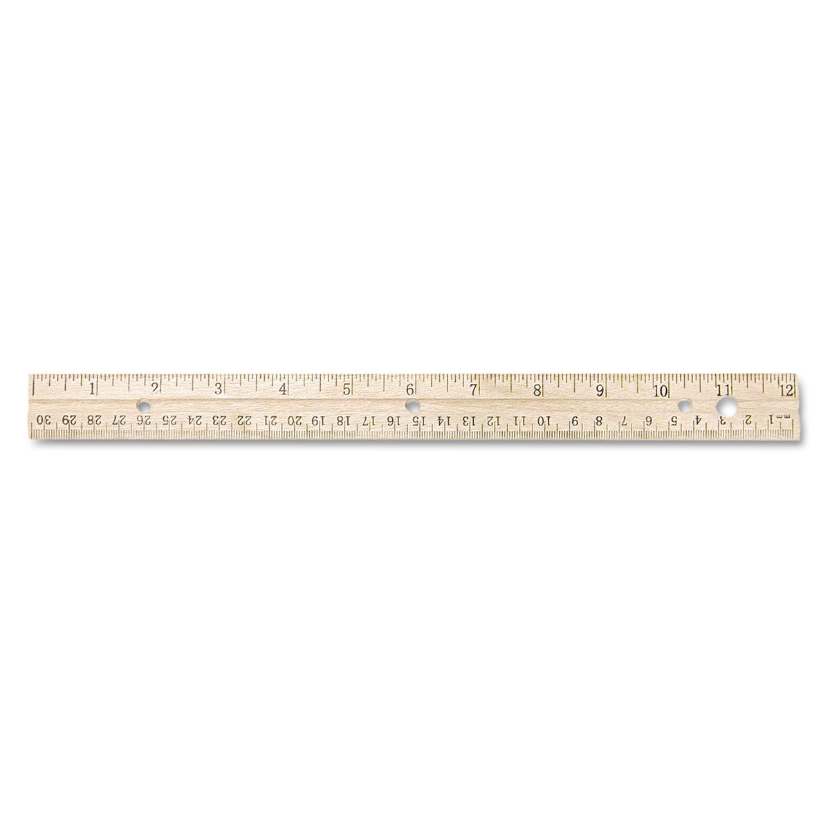 Westcott Three-Hole Punched Wood Ruler English and Metric With Metal Edge, 12" Long