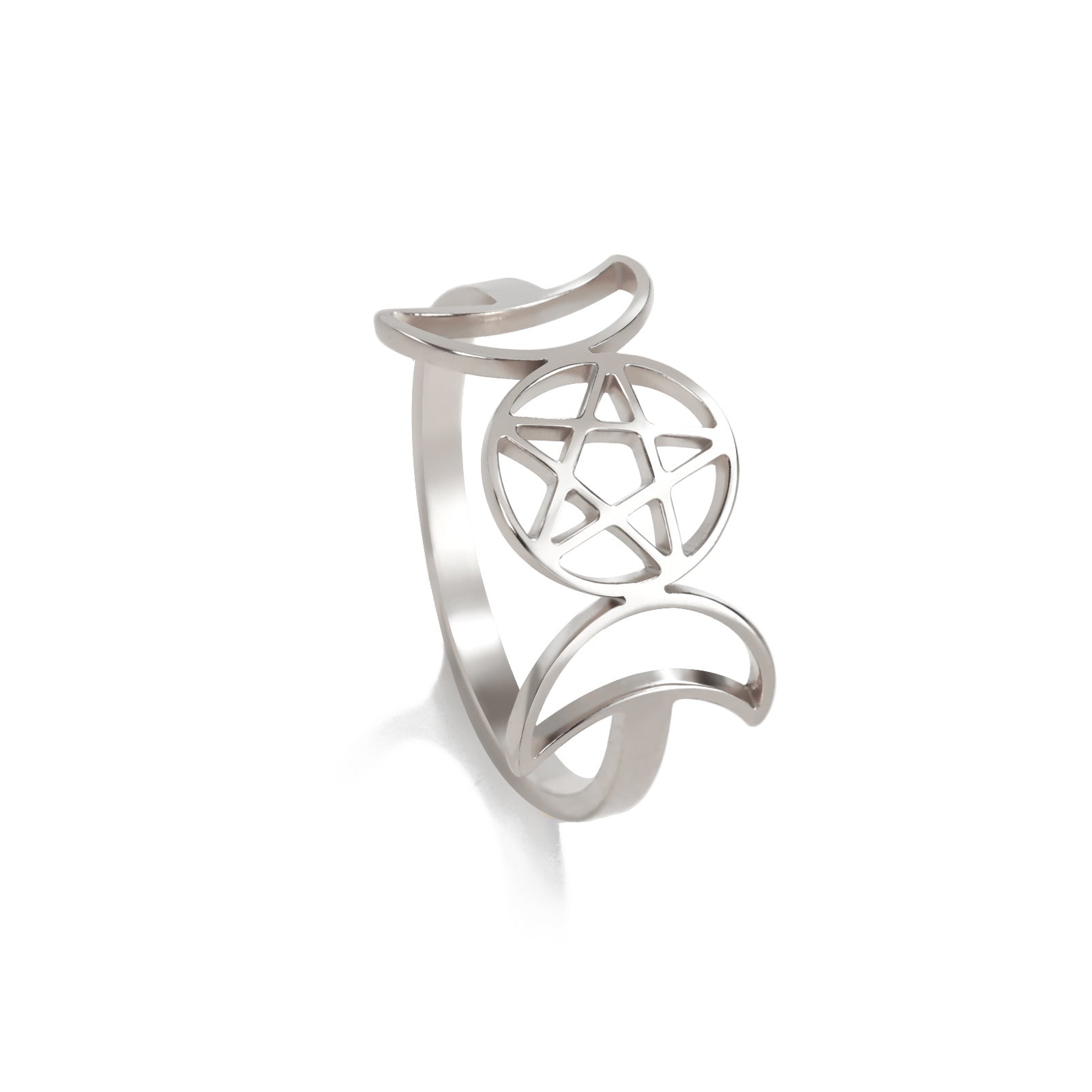 Temperament Wild Couple Ornament Double Moon Pentagram Stainless Steel Ring