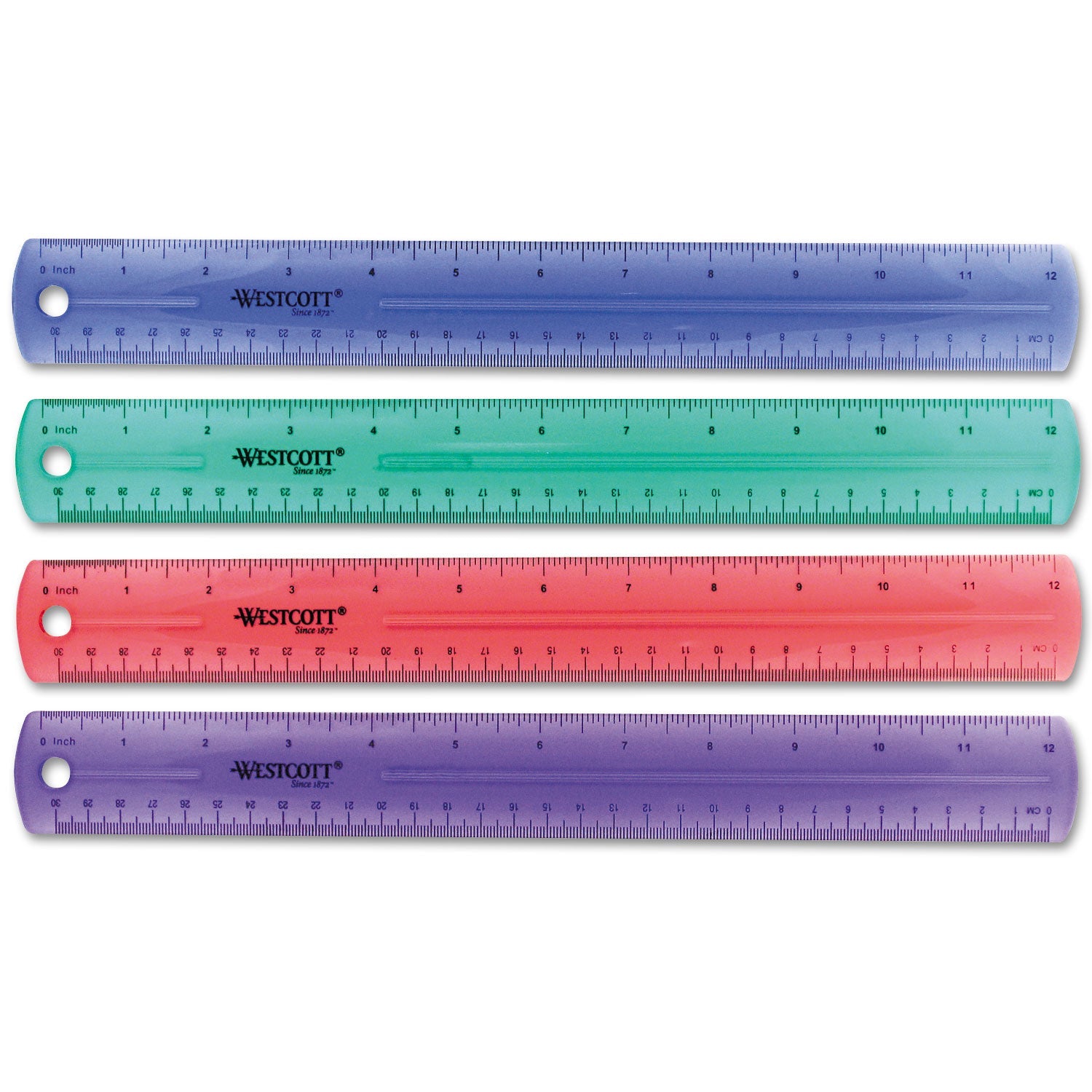 Westcott 12" Jewel Colored Ruler, Standard/Metric, Plastic