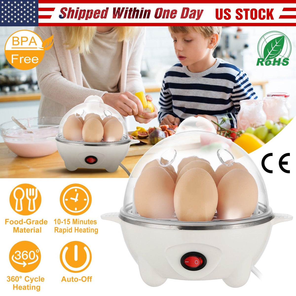 Electric Egg Cooker 7-Capacity BPA-Free Hard-Boiled Egg Maker w/ Auto-Off Measuring Cup for Hard Boiled Steamed Vegetables Seafood Dumplings