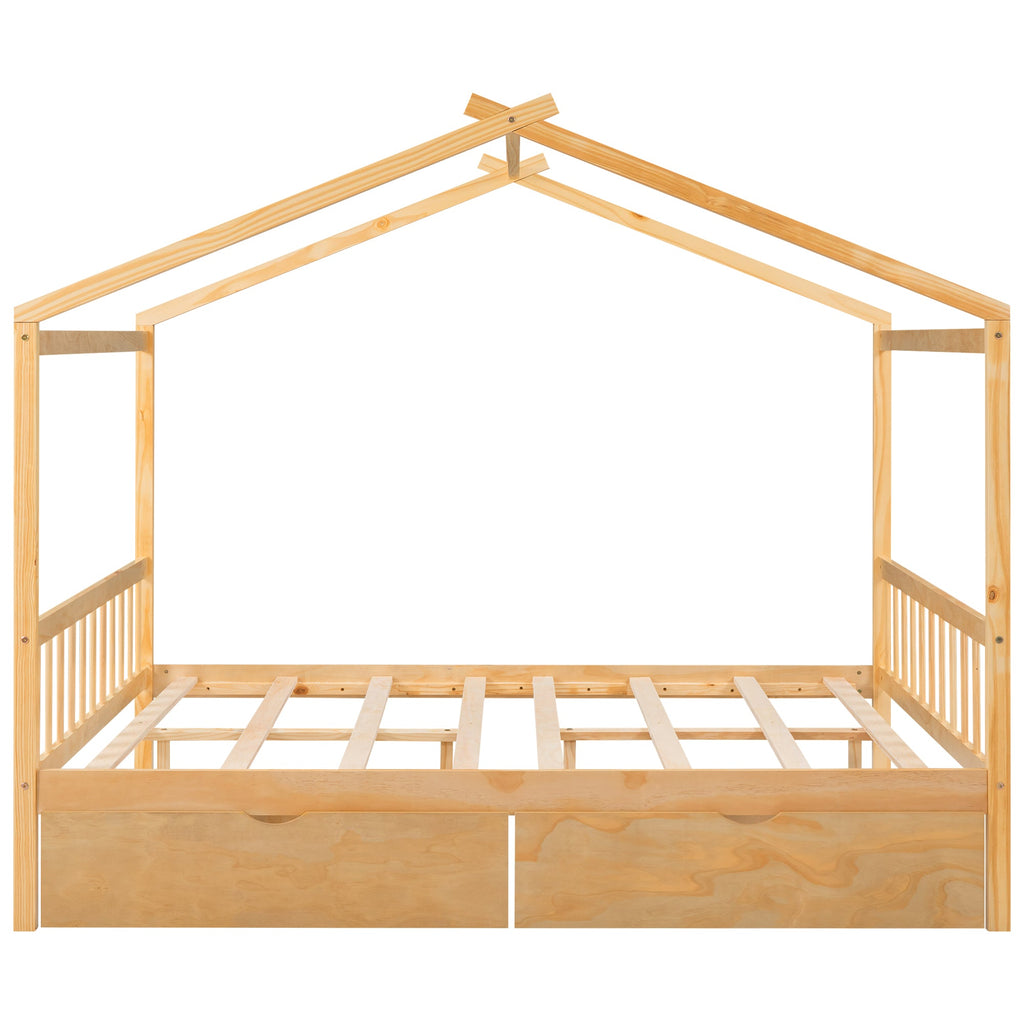 Full Size House Platform Bed with Two Drawers,Headboard and Footboard Roof Design Natural
