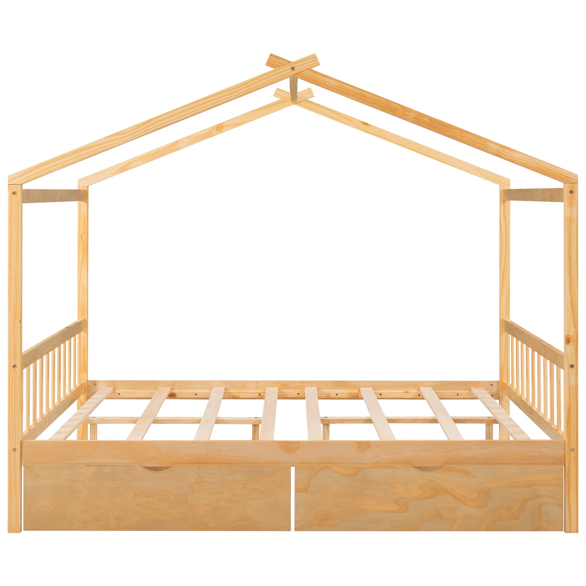Full Size House Platform Bed with Two Drawers,Headboard and Footboard Roof Design Natural