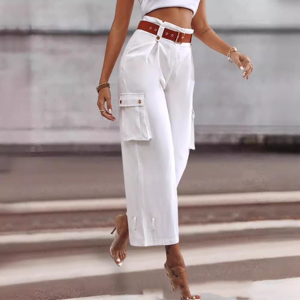 Women's Wide Leg Contrast Belt Trousers – Elevated Workwear Pants