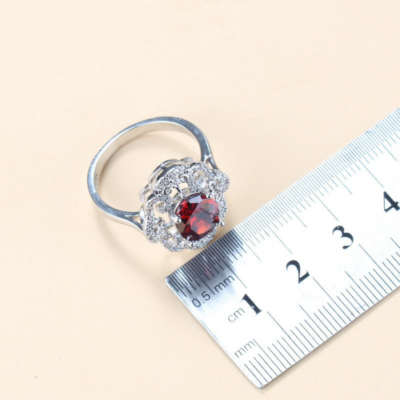 Garnet Cubic Zirconia Earrings Pendant Necklace Bracelet Ring Gift 4 PCs Set