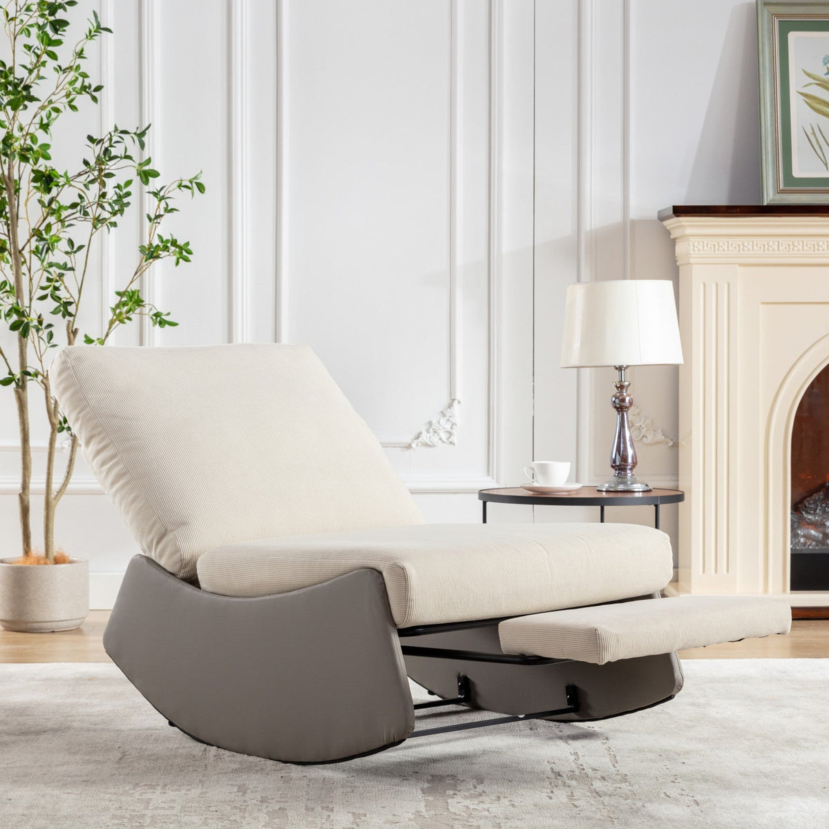 Modern rocking chair recliner, comfortable cushioned recliner with footstool, gray