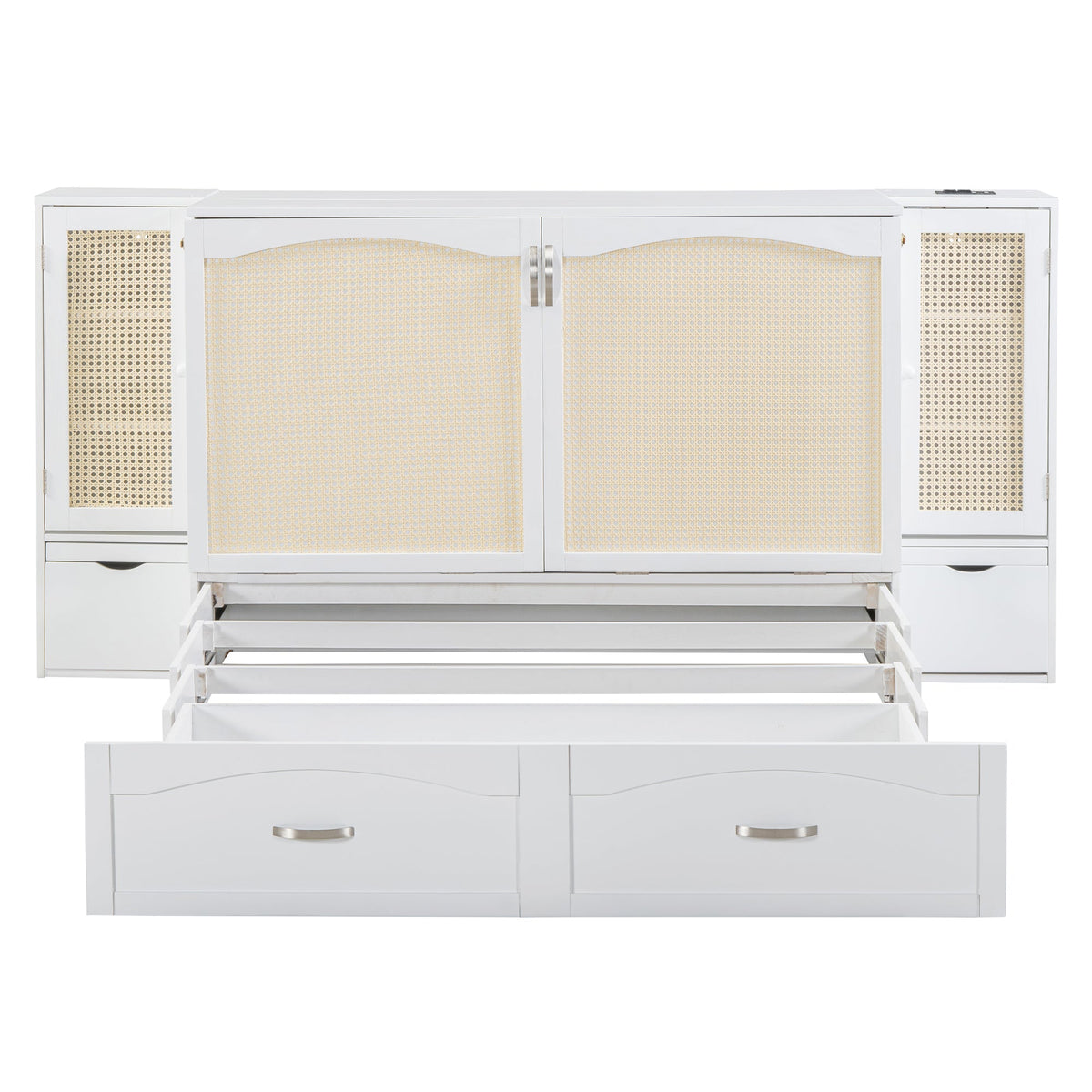 Large Murphy bed wall mounted bed with drawers, 2 storage cabinets, 1 set of sockets and USB ports, white