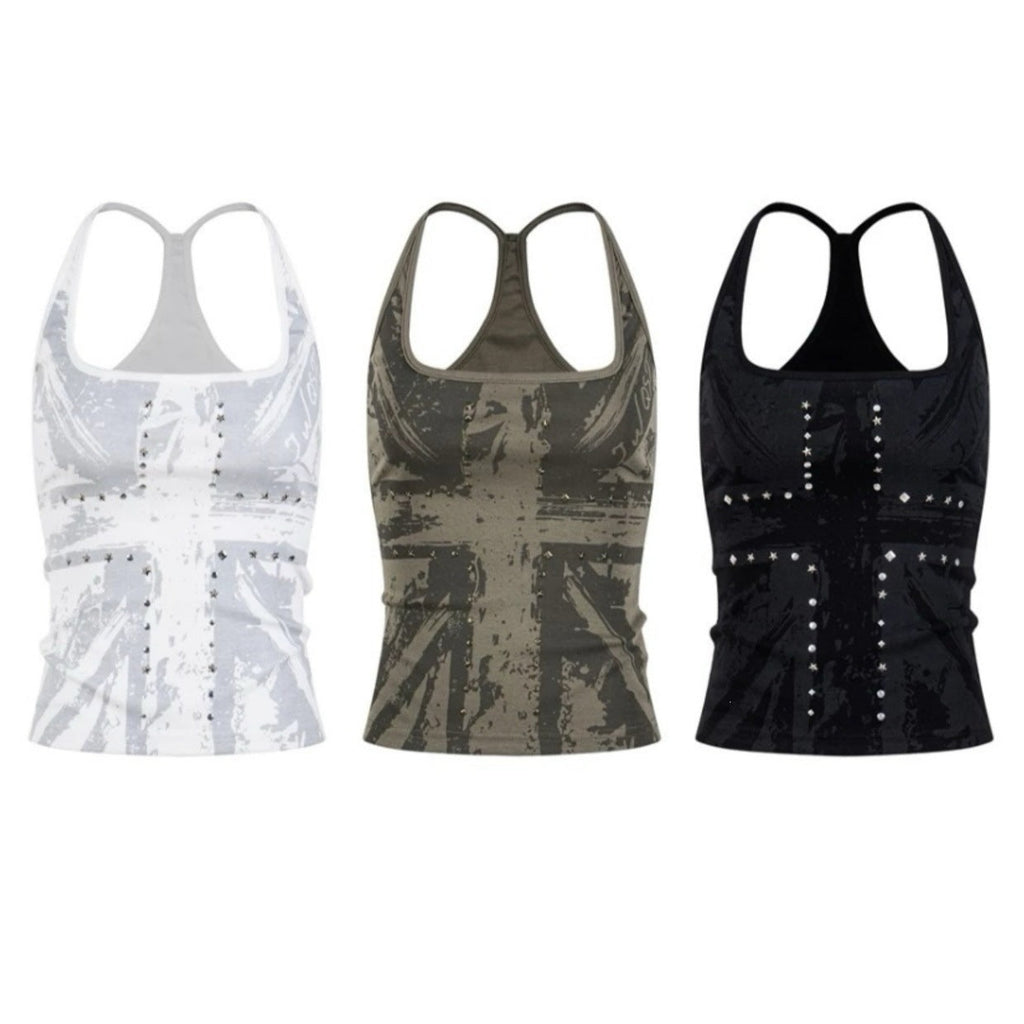 Cross-printed Studded Halter Vest Figure-hugging Sexy Sleeveless Top