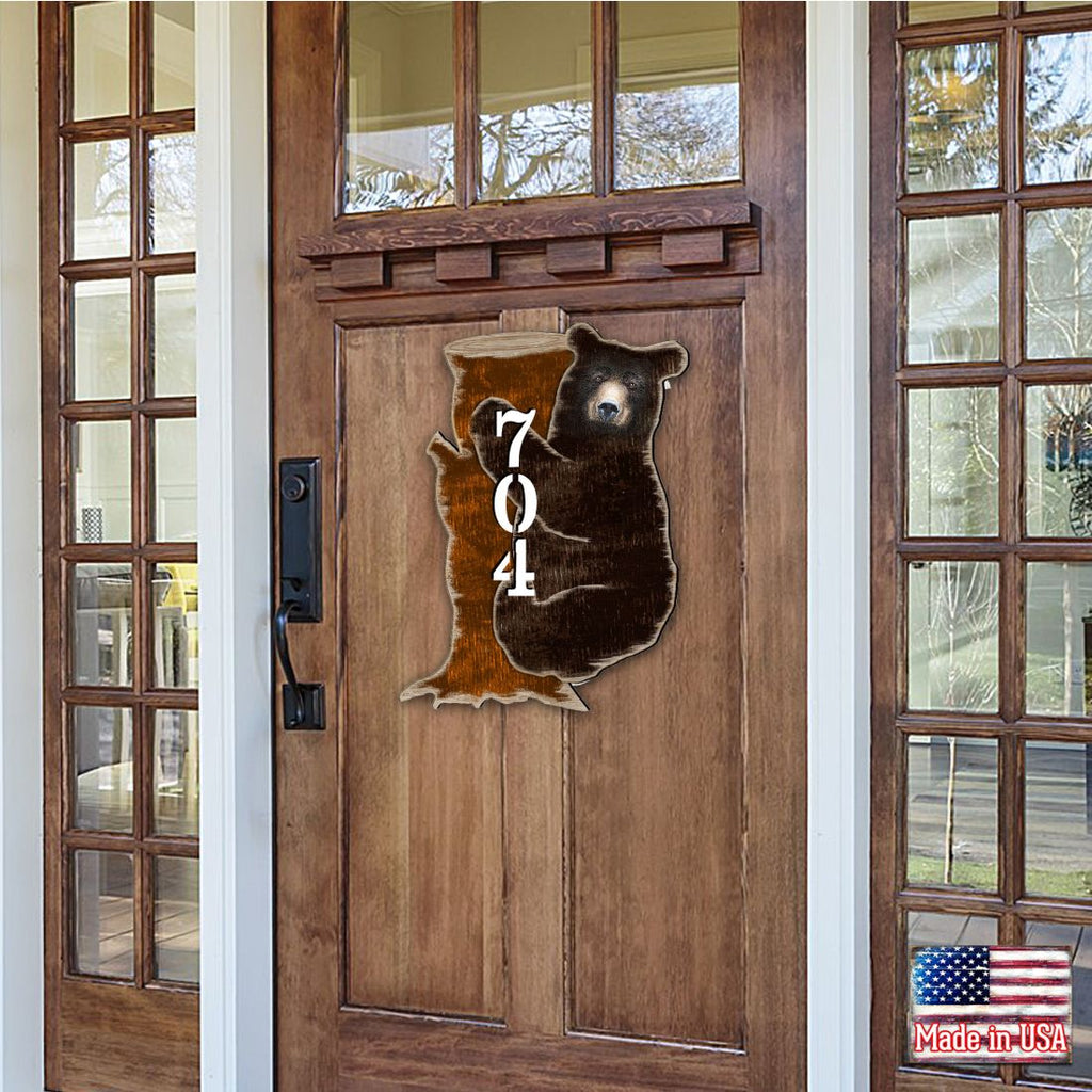 Bear on the Stoop Log Cabin Personalized House Number Sign by G. Debrekht - Nature Wildlife Decor - Handcrafted Wooden Address Sign - MA81982153