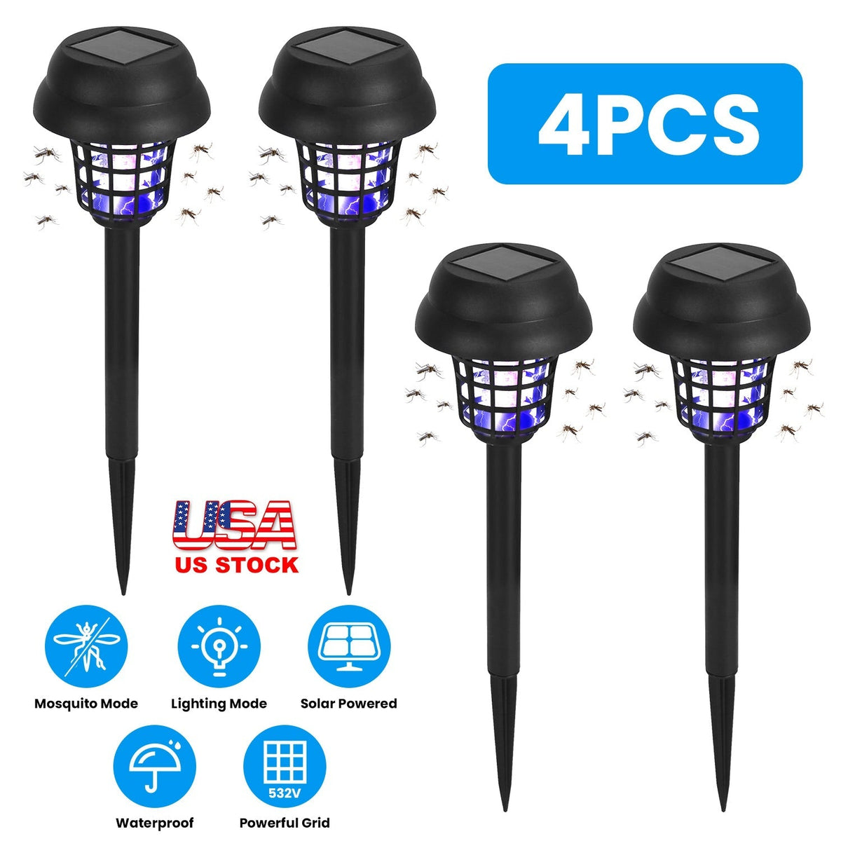 4 Pack Solar Powered Mosquito Zapper Outdoor Insect Killer Torch Waterproof Bug Zapper with UV Light White Light for Yard Garden Farm Patio