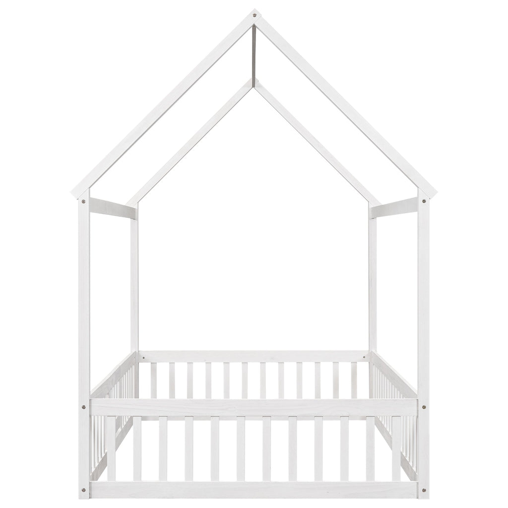 Full Size Wood House Bed with Fence and Door White Wash