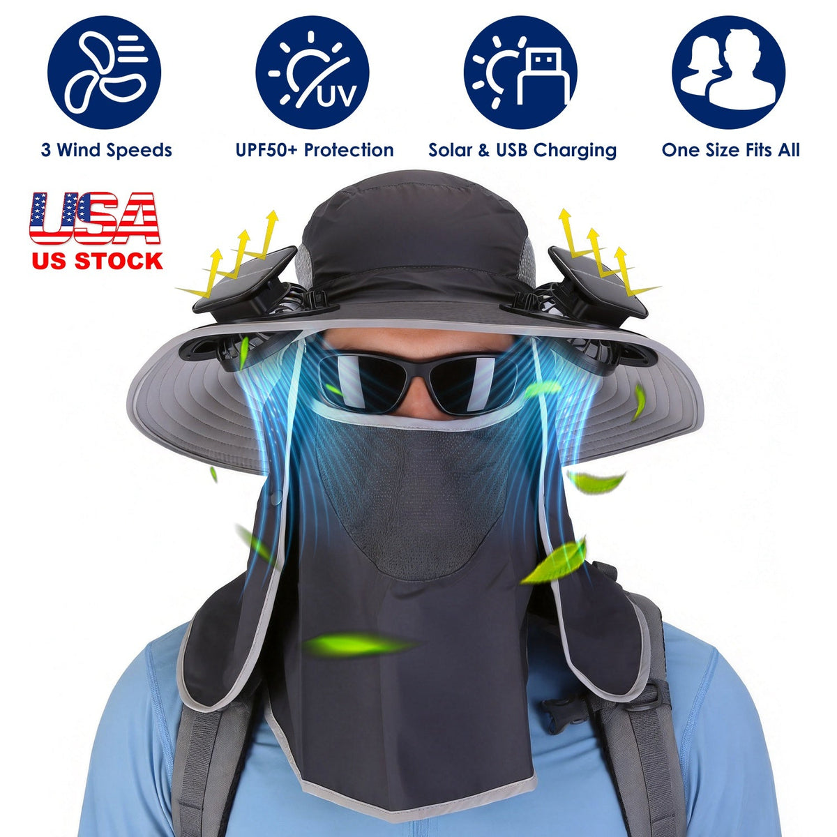 Solar Fan Hat with UPF50+ Sun Protection & Neck Flap