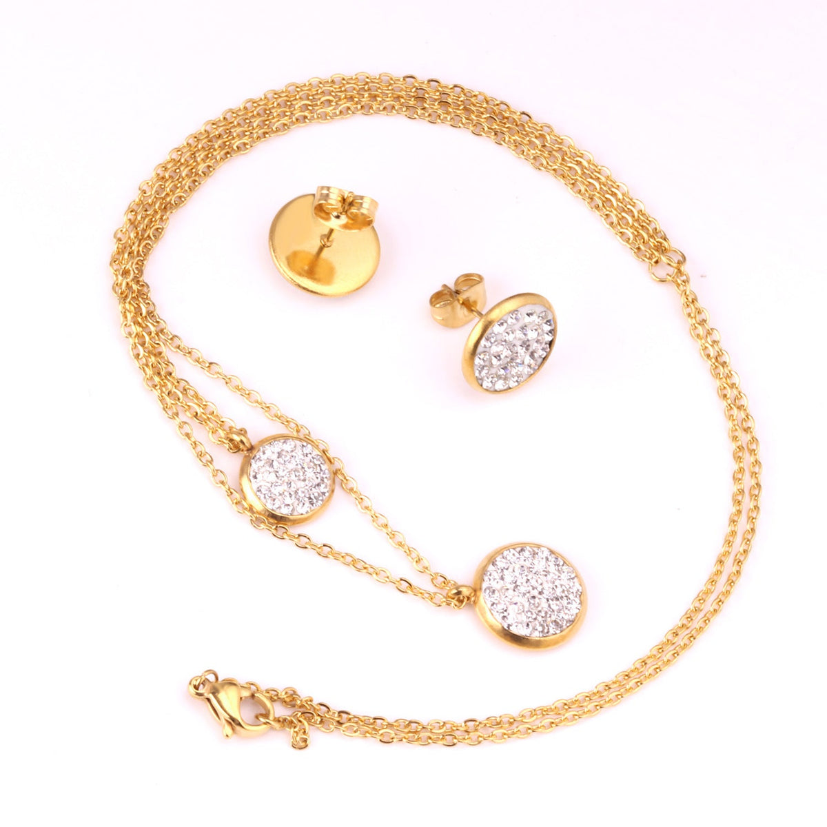 White Mud Pendant Double Chain Gold Stainless Steel Jewelry Set For Women