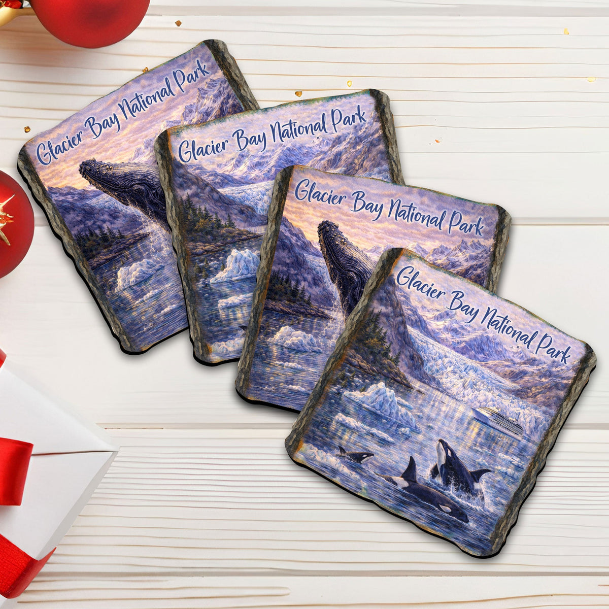 Glacier Bay National Park Wooden Coasters Set of 4 – Alaska Whale & Glacier Drink Coasters - 95414C-S4