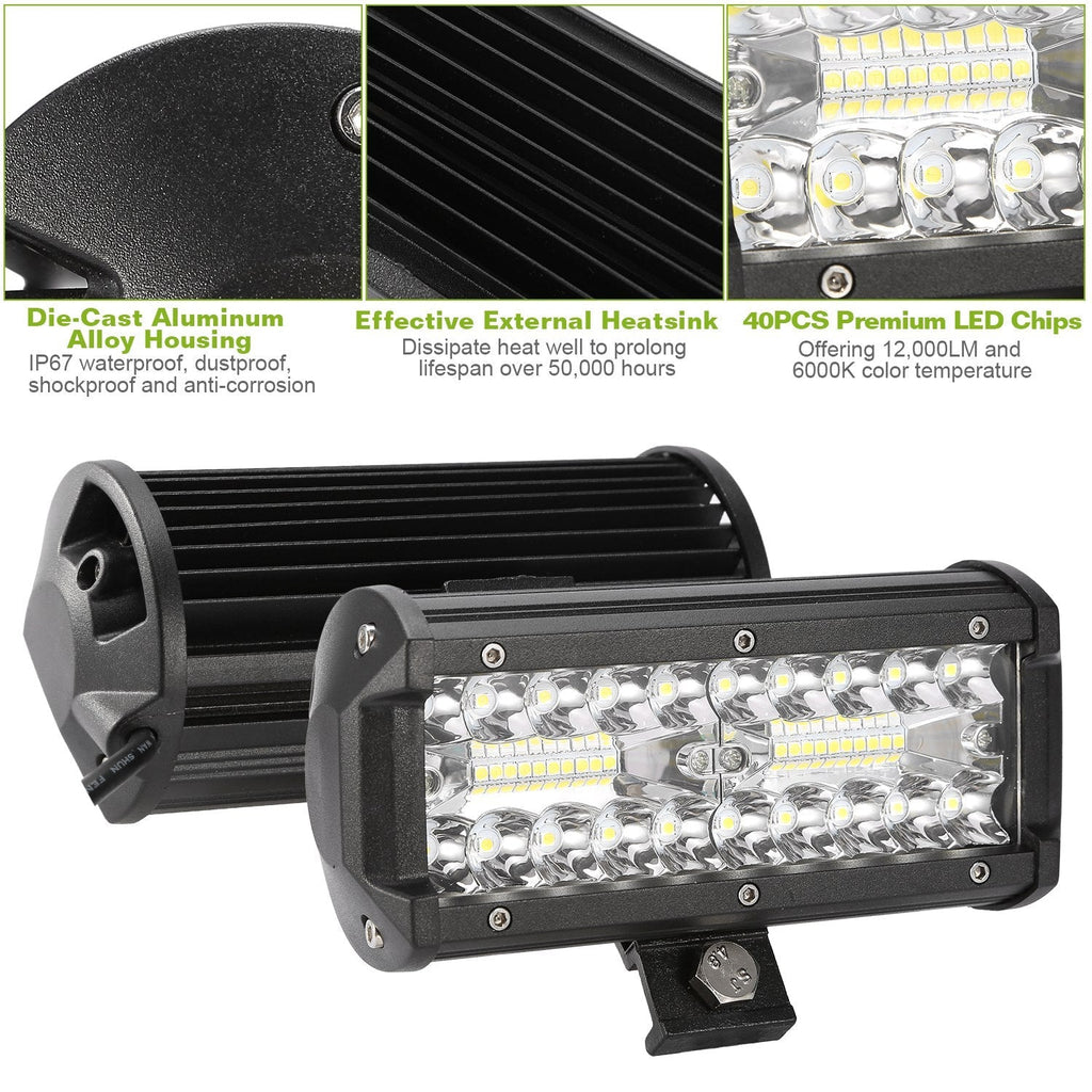 7" LED Light Bar 120W 12000LM LED Work Light Pods Offroad Driving Lights IP67 Waterproof Fog Light Spot Flood Beam for Jeep Trailer Truck Bus Boat