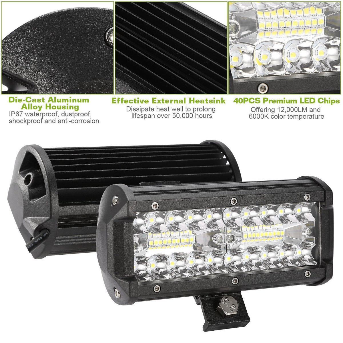 7" LED Light Bar 120W 12000LM LED Work Light Pods Offroad Driving Lights IP67 Waterproof Fog Light Spot Flood Beam for Jeep Trailer Truck Bus Boat