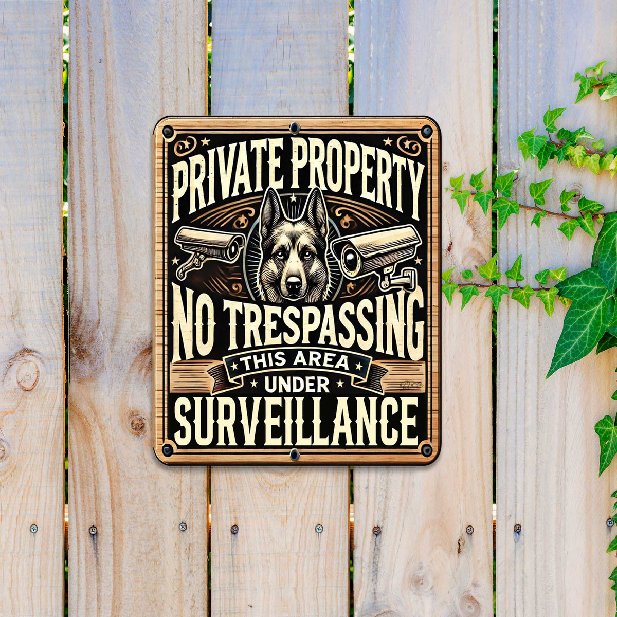 Private Property No Trespassing Surveillance Wooden Sign – Handcrafted Rustic Dog Security Sign by Designocracy – Indoor & Outdoor Décor - 961064