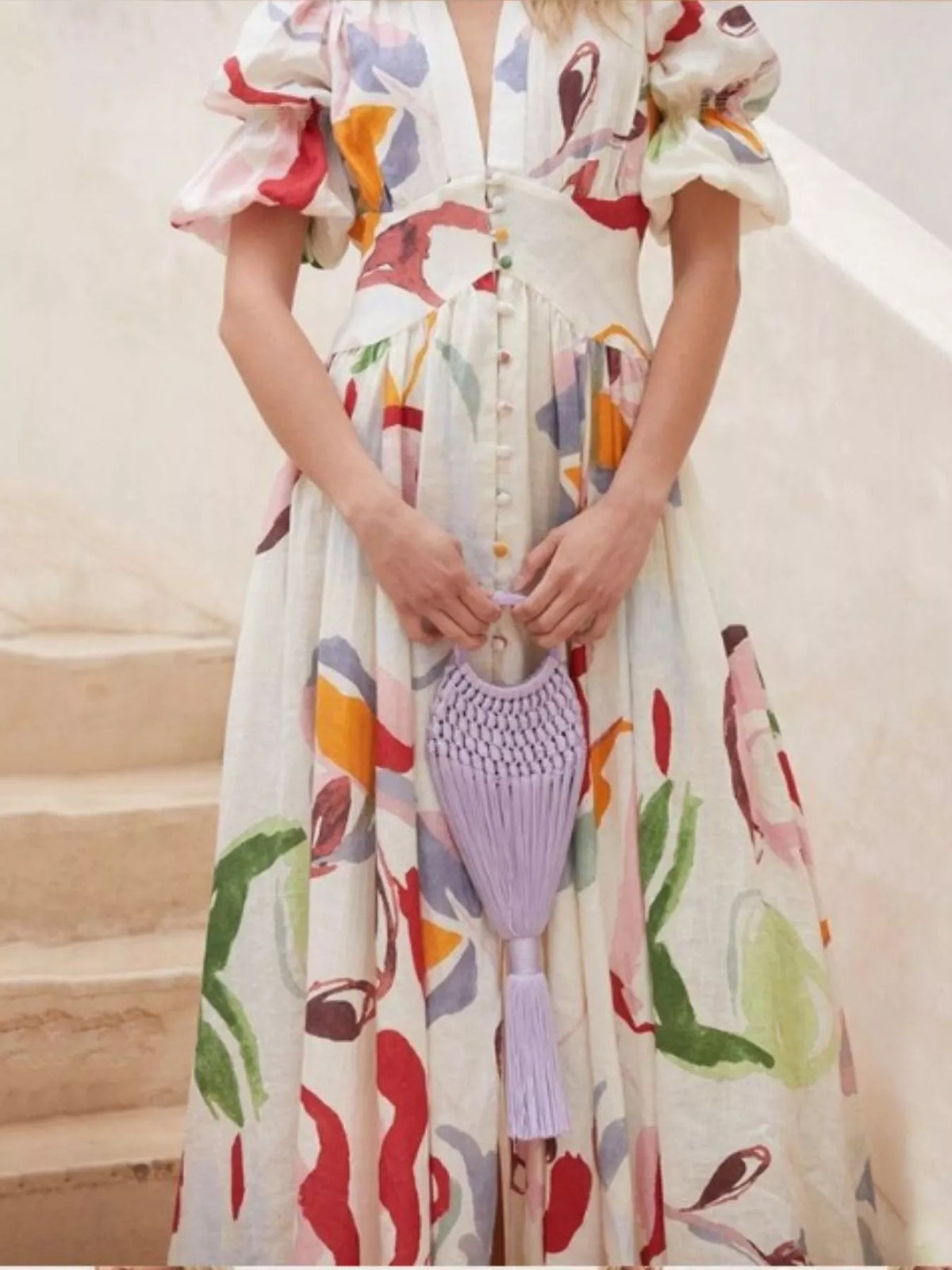 Abstract Print Puff Sleeve Midi Dress