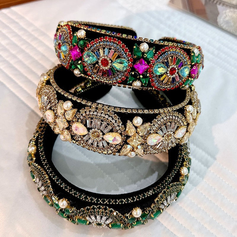 Super Sparkling Colored Diamond Pearl Baroque Retro Women's Sponge Head Hoop